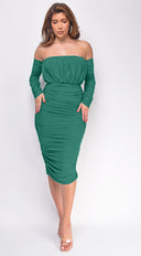 Annora Mesh Long Sleeve Ruched Midi Dress in Green close-up of mesh panel detail