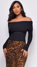 Agata Off Shoulder Sweater Top in Black full length front view on model