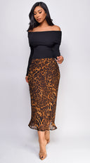 Zofia Leopard Print Midi Skirt in Brown close-up of animal print