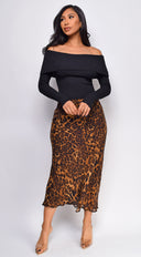 Zofia Leopard Print Midi Skirt in Brown full length front view on model
