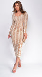 Idalia Beige Abstract Long Sleeve Maxi Dress