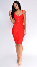 Nelinha Gold Button Bandage Dress in Red back view on model