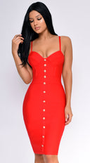 Nelinha Gold Button Bandage Dress in Red full length front view on model
