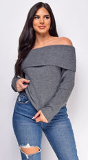 Fayola Charcoal Gray Off Shoulder Sweater Top full length front view on model
