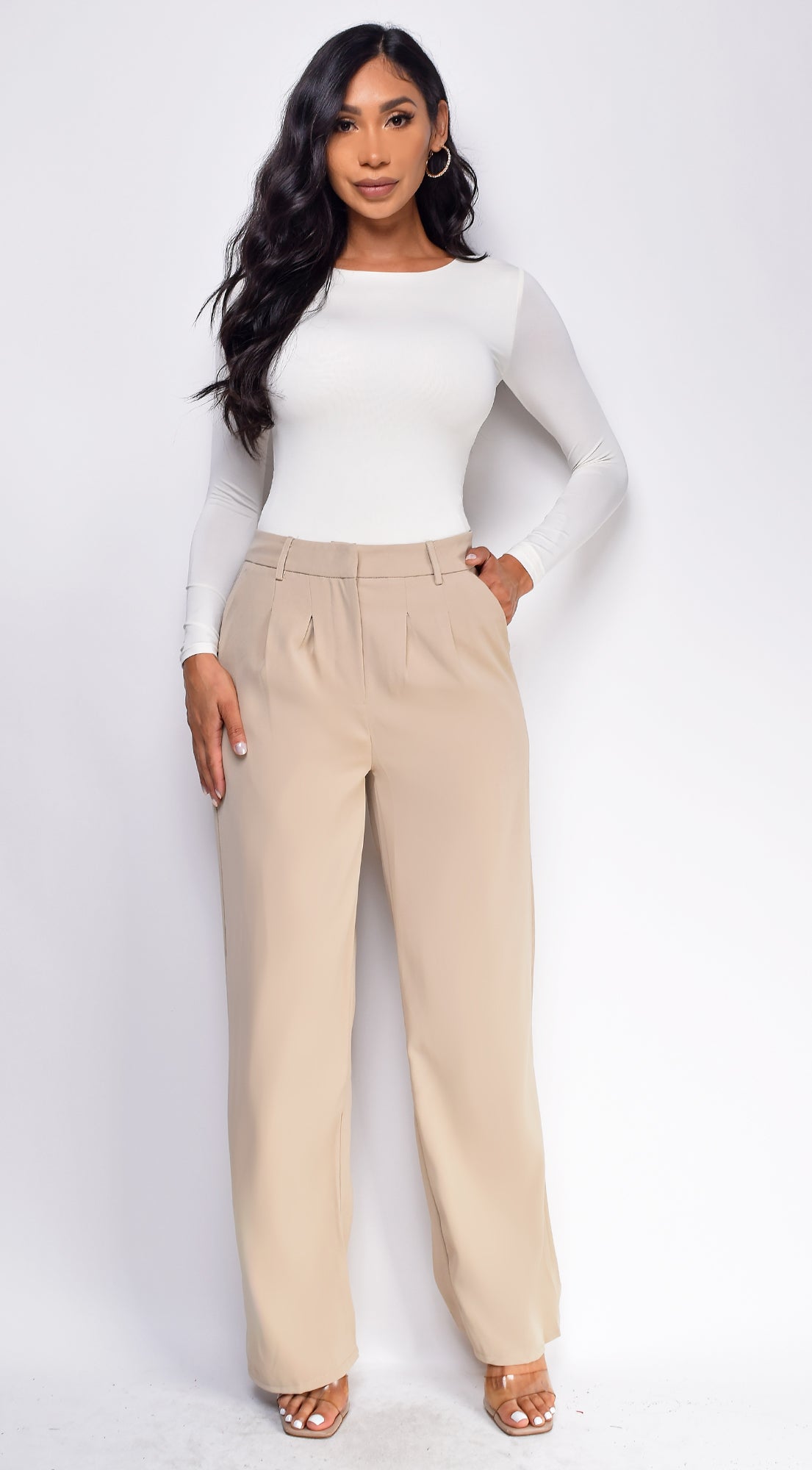 Theron Taupe Beige Pintuck Wide Leg Pants