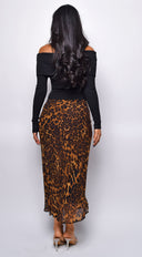 Zofia Leopard Print Midi Skirt in Brown back view on model