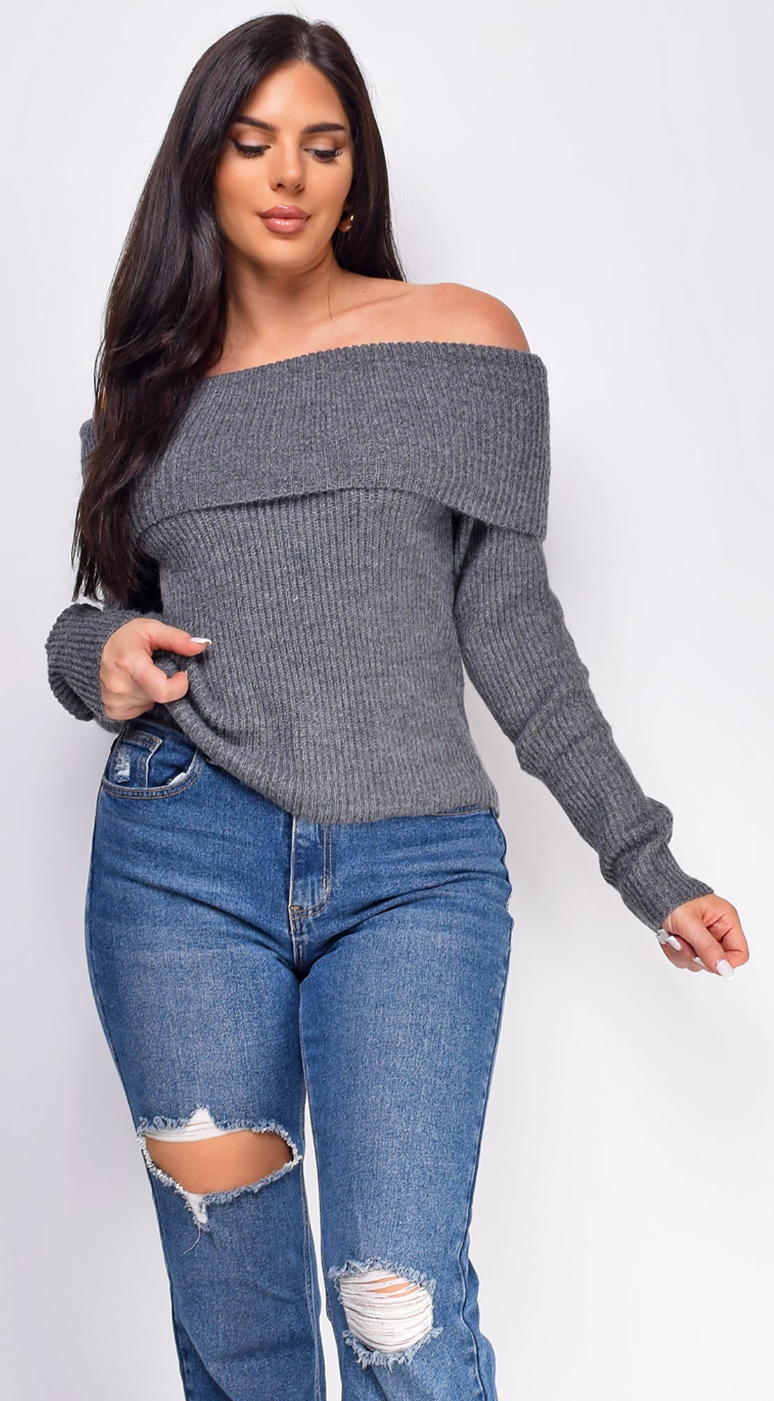 Fayola Charcoal Gray Off Shoulder Sweater Top