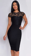 Makenna Lace Cap Sleeve Bandage Dress - Black