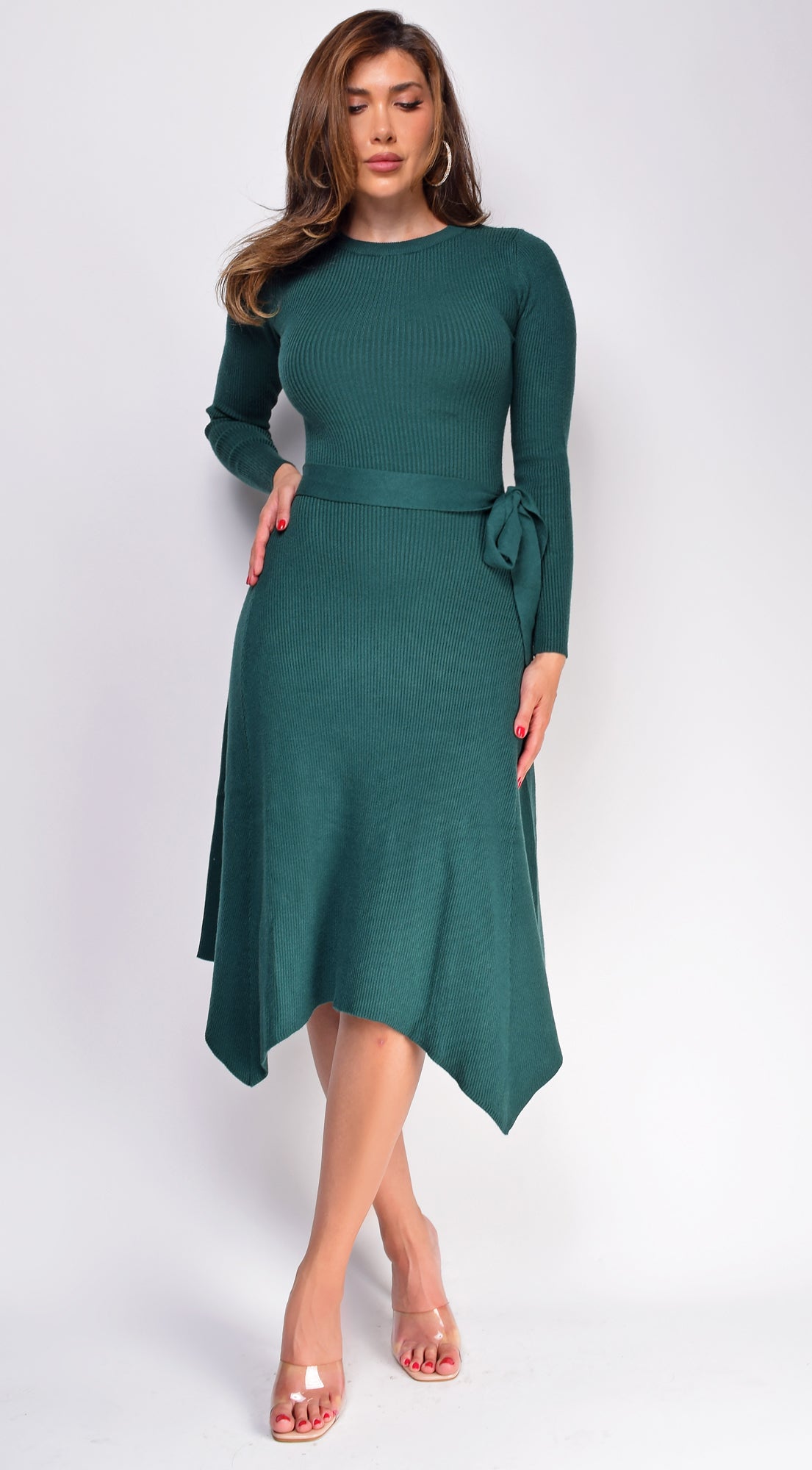 Lyia Green Ribbed Flare Sweater Midi Dress