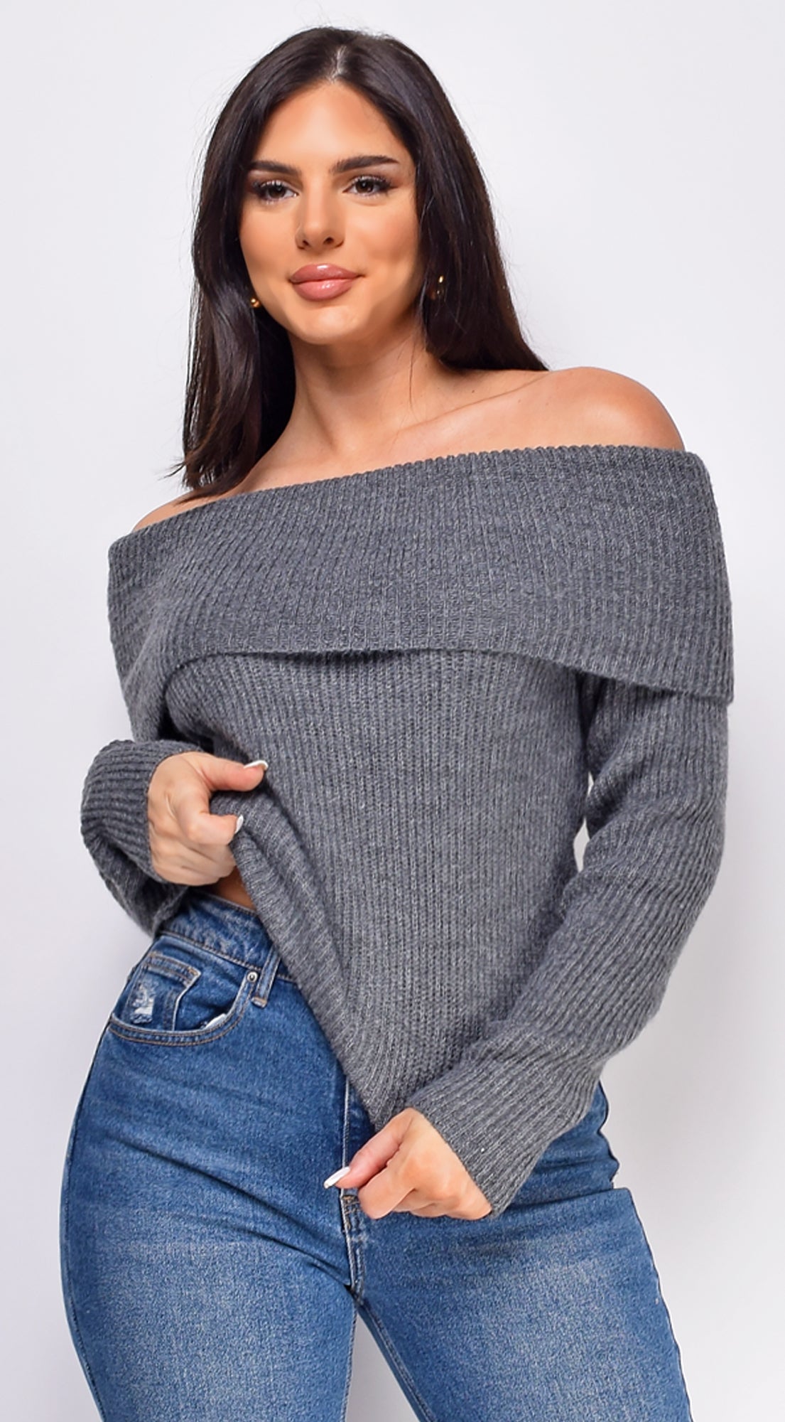 Fayola Charcoal Gray Off Shoulder Sweater Top