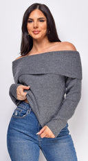 Fayola Charcoal Gray Off Shoulder Sweater Top side profile view on model