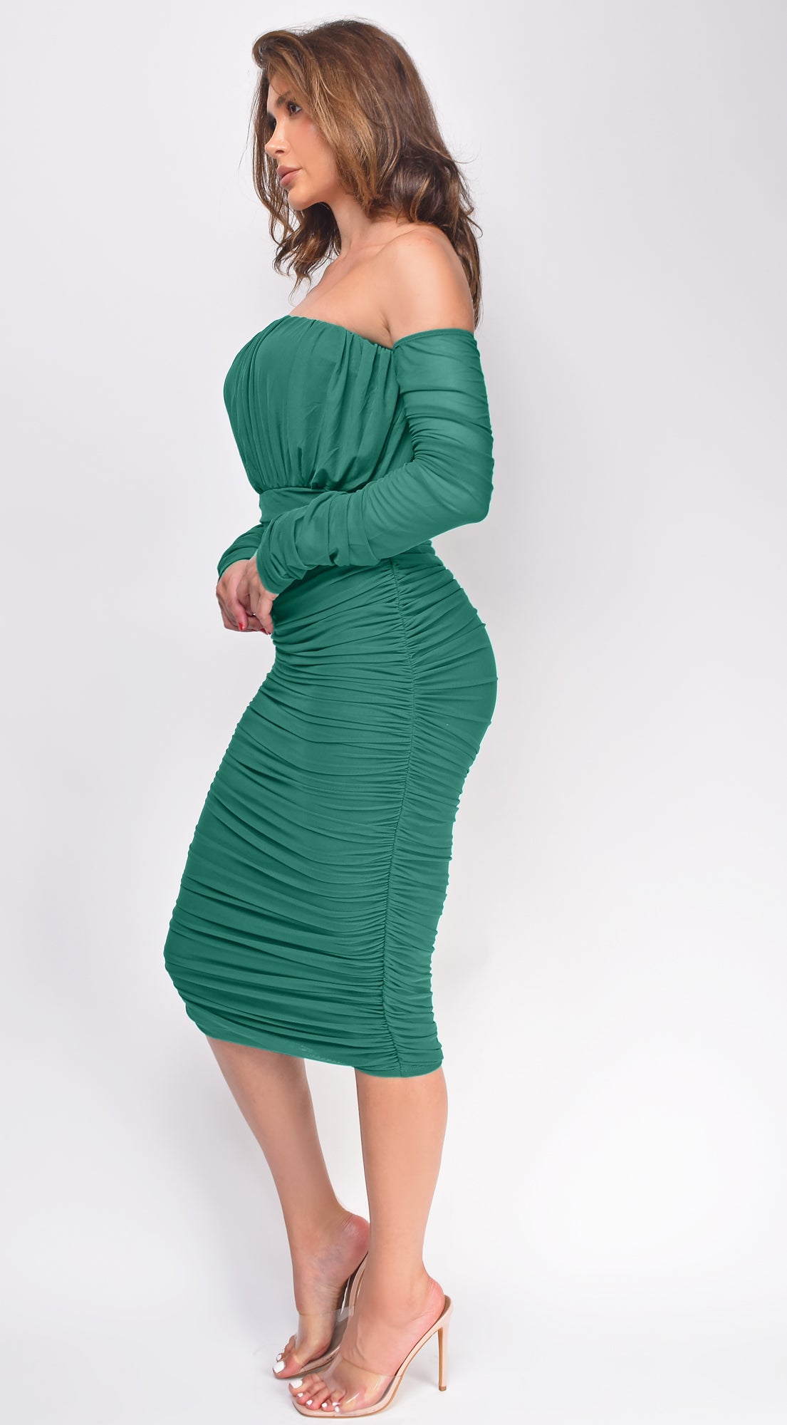 Annora Hunter Green Mesh Long Sleeve Ruched Midi Dress