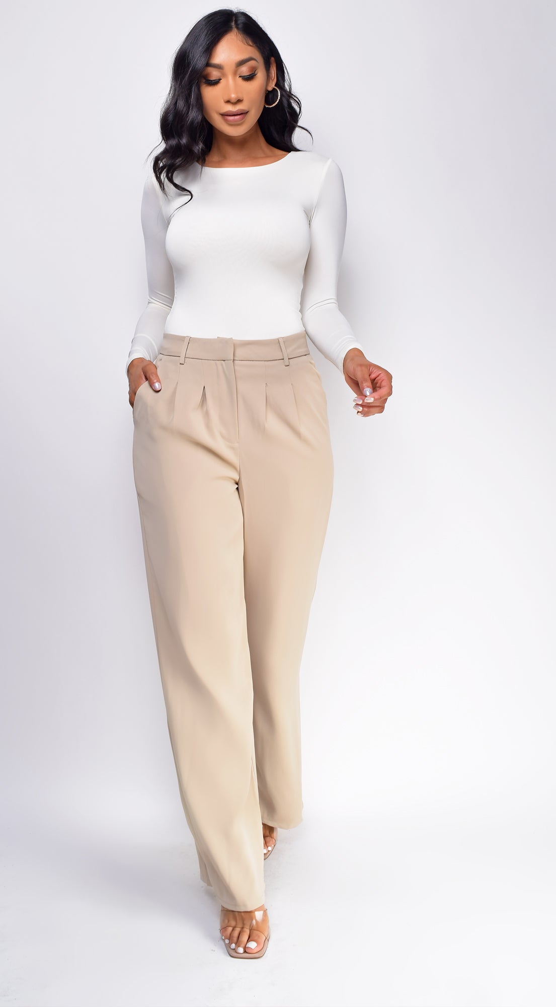 Theron Taupe Beige Pintuck Wide Leg Pants