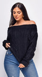 Iliana Black Off Shoulder Braid Cable Knit Sweater Top