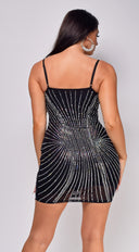 Carmel Black Rhinestone Mini Dress side profile view on model