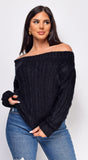 Iliana Black Off Shoulder Braid Cable Knit Sweater Top