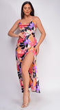 Anastasia Purple Multi Color Floral Print Cowl Neck Satin Maxi Dress
