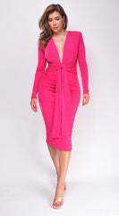 Alicyn Fuchsia Pink Waist Tie Long Sleeve Midi Dress