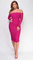 Annora Pink Mesh Long Sleeve Ruched Midi Dress