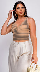 Rey Stripe Button Front Henley Crop Top in Beige close-up of striped pattern