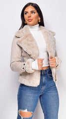 Blaer Cream Beige Suede Faux Fur Moto Jacket