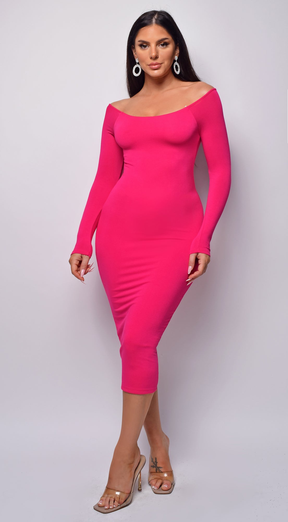 Delia Hot Pink Long Sleeve Midi Dress