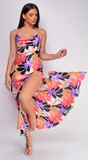 Anastasia Purple Multi Color Floral Print Cowl Neck Satin Maxi Dress back view on model
