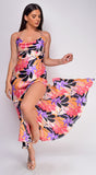 Anastasia Purple Multi Color Floral Print Cowl Neck Satin Maxi Dress