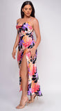 Anastasia Purple Multi Color Floral Print Cowl Neck Satin Maxi Dress