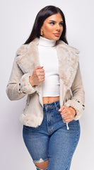 Blaer Cream Beige Suede Faux Fur Moto Jacket