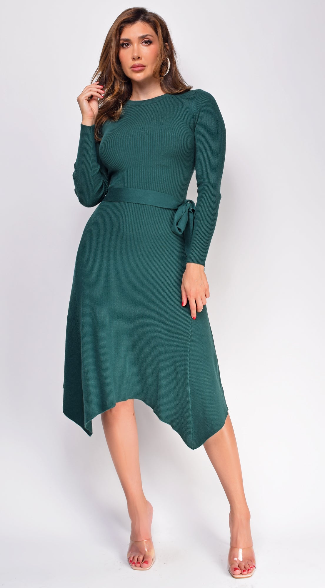 Lyia Green Ribbed Flare Sweater Midi Dress