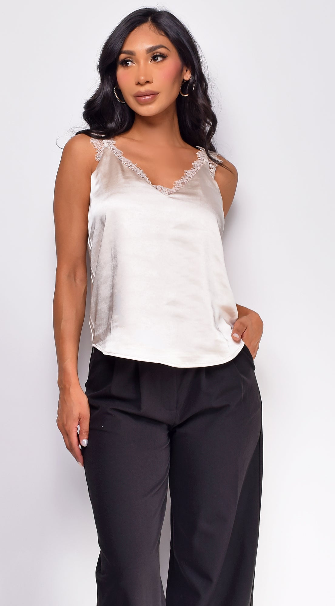 Seneca Cream Beige Lace Trim Cami Top