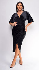 Arella Black V Neck Velvet Midi Dress