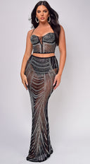 Delanie Black Rhinestone Mesh Skirt Set full length front view on model