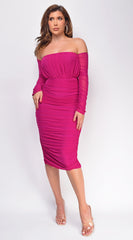 Annora Pink Mesh Long Sleeve Ruched Midi Dress