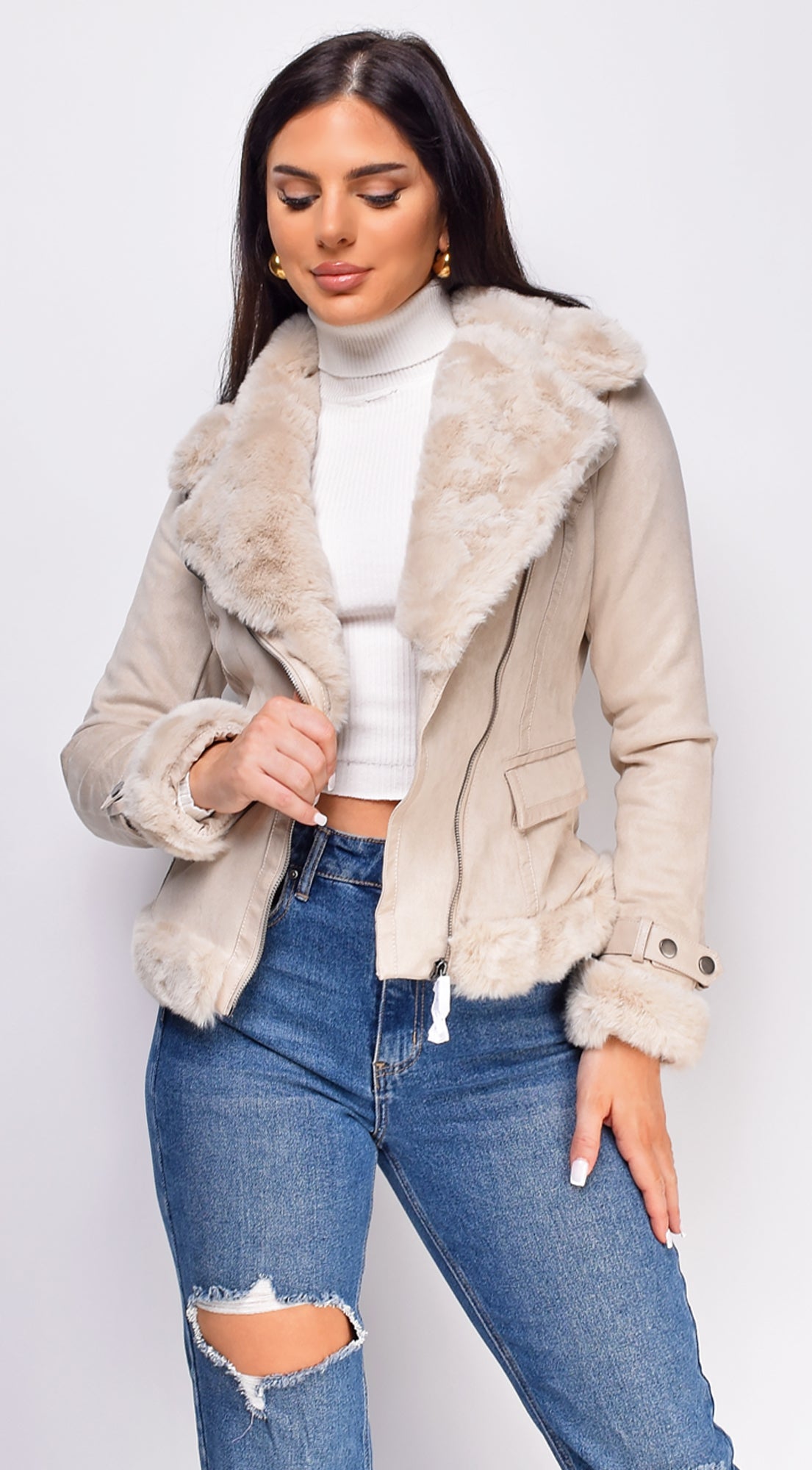 Blaer Cream Beige Suede Faux Fur Moto Jacket