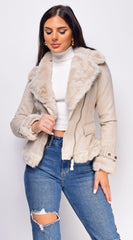 Blaer Cream Beige Suede Faux Fur Moto Jacket