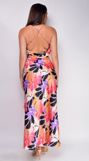 Anastasia Purple Multi Color Floral Print Cowl Neck Satin Maxi Dress side profile view on model