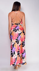 Anastasia Purple Multi Color Floral Print Cowl Neck Satin Maxi Dress