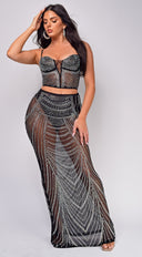 Delanie Black Rhinestone Mesh Skirt Set styled outfit flat lay