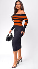 Robyn Stripe Ribbed Off Shoulder Midi Dress - Black