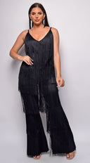Daciana Black Fringe Jumpsuit close-up of fringe detailing