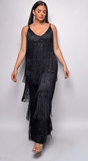 Daciana Black Fringe Jumpsuit side profile view on model