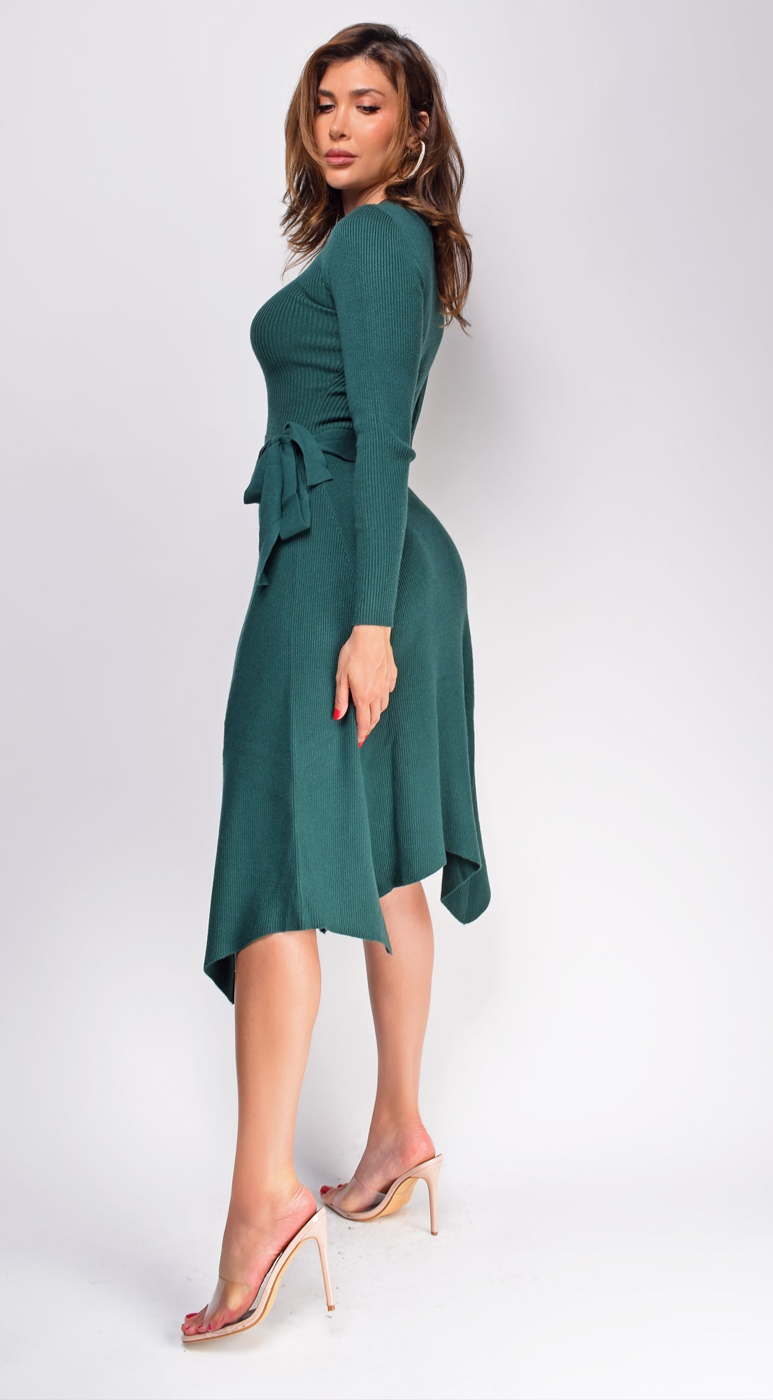 Lyia Green Ribbed Flare Sweater Midi Dress