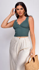 Rey Stripe Button Front Henley Crop Top in Green full length front view on model