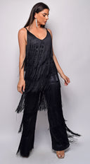 Daciana Black Fringe Jumpsuit back view on model