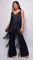 Daciana Black Fringe Jumpsuit full length front view on model