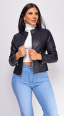 Sona Black Classic Faux Leather Jacket close-up of neckline and shoulder detail