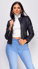 Sona Black Classic Faux Leather Jacket hemline and silhouette detail