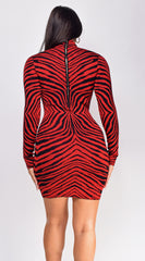 Zula Red Black Animal Print High Neck Lurex Mini Dress